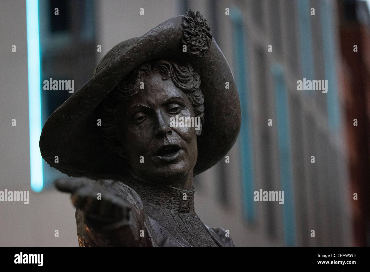Emmeline Pankhurst statue Manchester 2021. Statue in St Peters Square. Manchester UK. The bronze statue of Emmeline Pankhurst in Manchester celebrates the British political activist and leader of the suffragette movement in the U.K Stock Photo