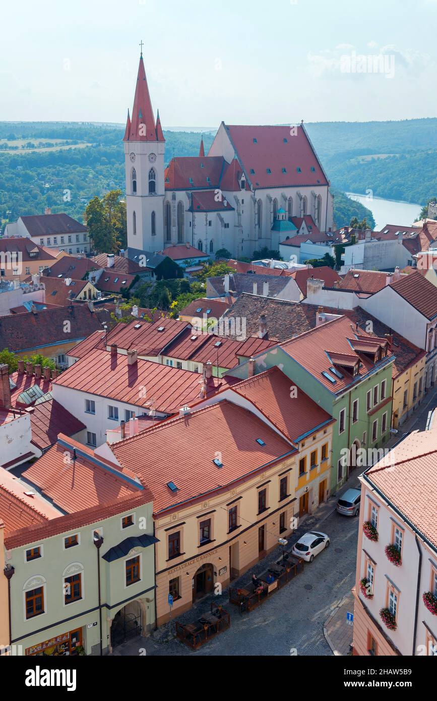 View of St. Nicholas Church and Old Town from the Town Hall Tower, Znojmo, Znojmo, Okres Znojmo, Kraj Jihomoravsky, South Moravia, Moravia, Czech Stock Photo