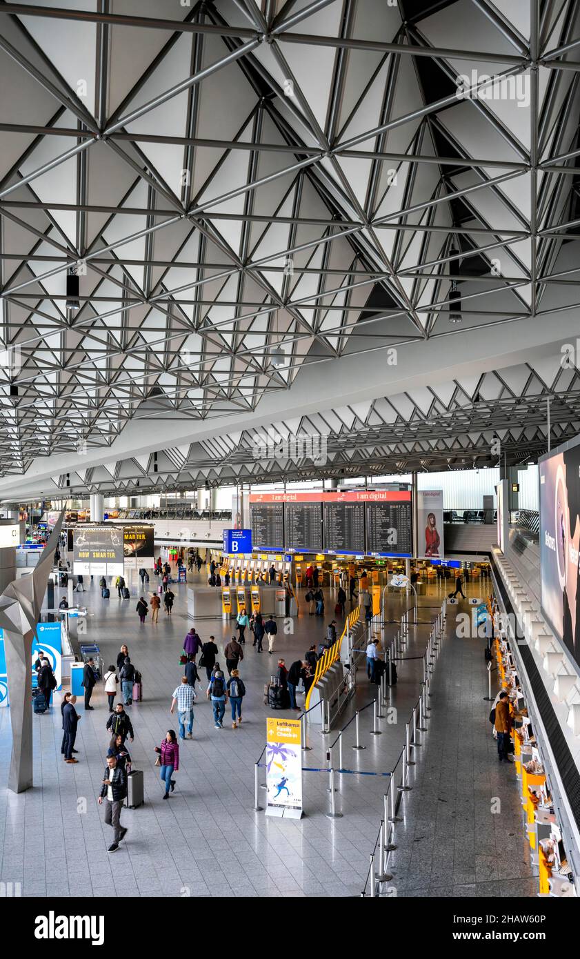 The check-in hall at Frankfurt Airport, Frankfurt, Hesse, Germany Stock Photo