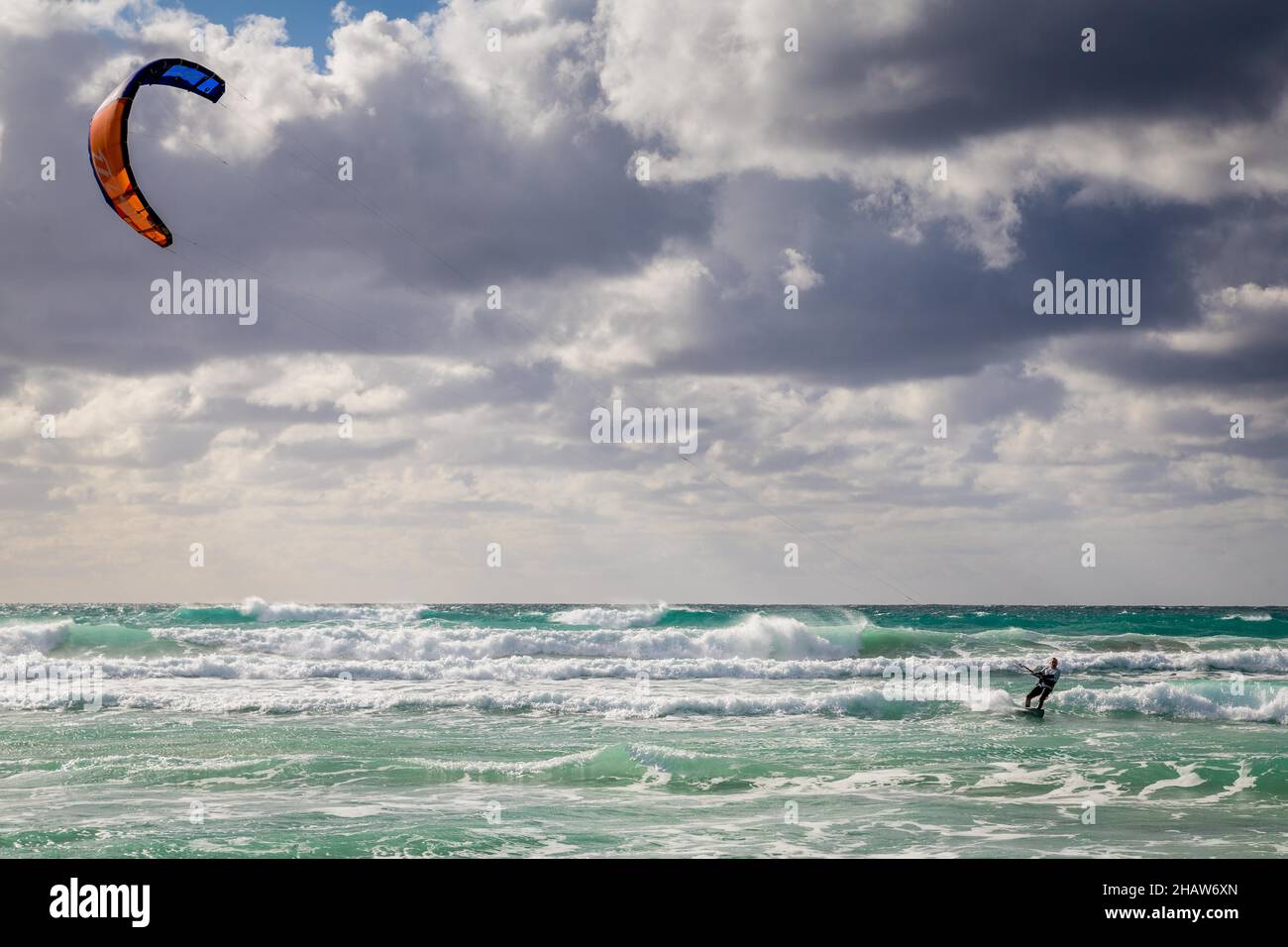 Kite surfers off the coast of Majorca, Es Trenc, Majorca, Spain Stock Photo