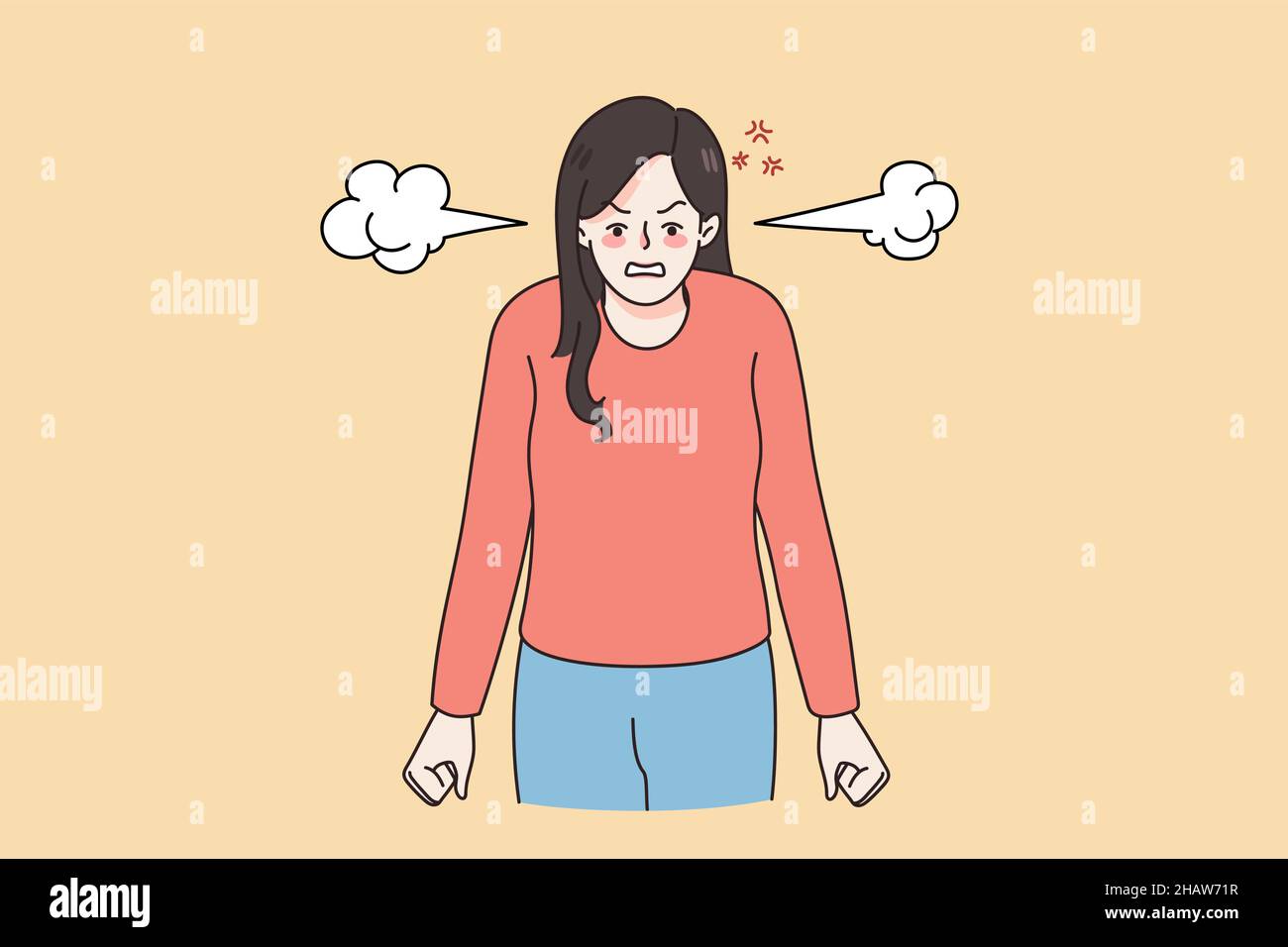 Furious young woman with steam blow from ears feel angry mad having life problems. Unhappy girl distressed and enraged. Emotion and anger control. Flat vector illustration.  Stock Vector