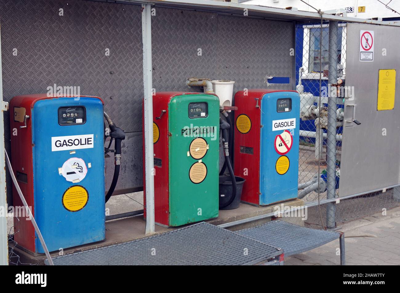 Petrol pumps of a simple petrol station, Disko Island, Disko Bay, Qeqertarsuaq, Arctic, Greenland, Denmark Stock Photo