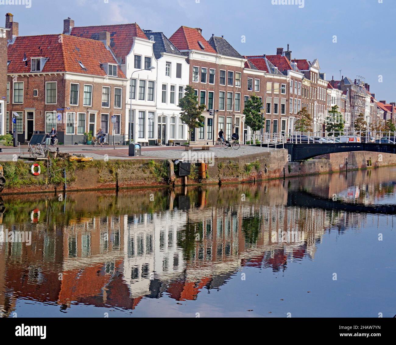 Houses reflected in the canal, Middelburg, Zeeland, Netherlands Stock