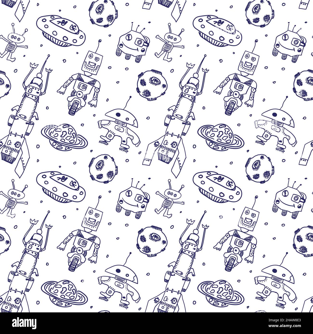 Comic cartoons UFO and robots. Seamless sketch. Really children's ...