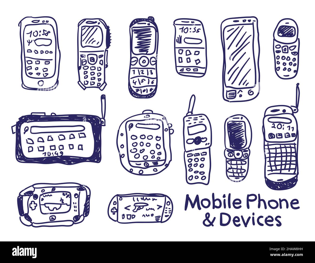 Comic cartoons mobile phoones and devices. Vector sketches set. Really ...