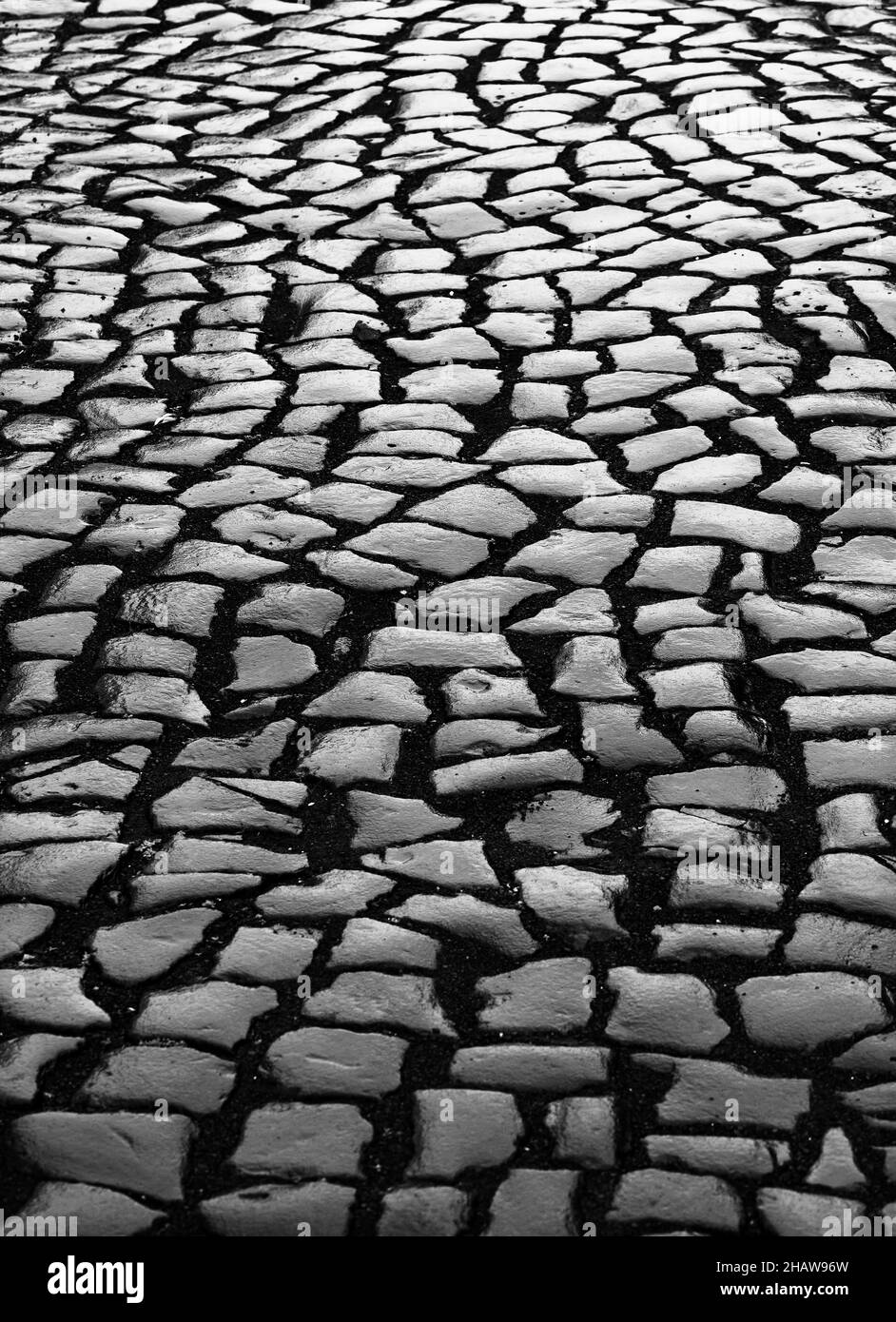 Pavement, backlit cobblestones, Ribeira Grande, Sao Miguel Island, Azores, Portugal Stock Photo