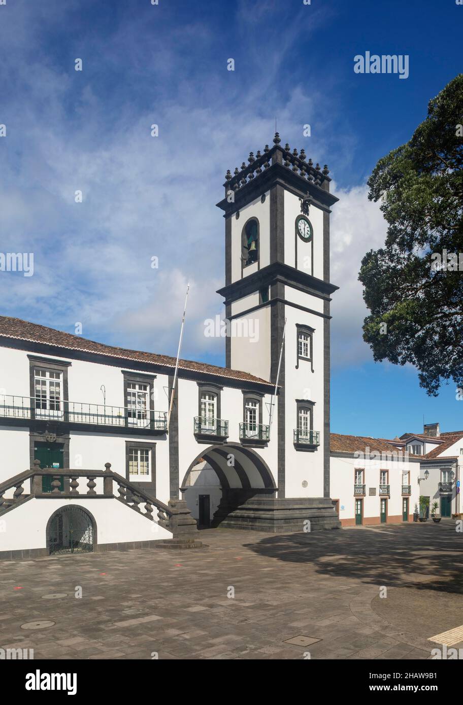 Town Hall with Bell Tower, Ribeira Grande, Sao Miguel Island, Azores, Portugal Stock Photo
