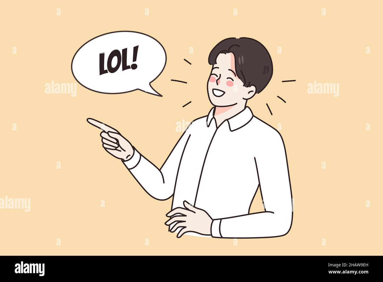 Overjoyed young man have fun laugh at funny hilarious joke. Happy millennia guy smile giggle at anecdote. LOL concept. Joker and humor representation. Vector illustration, cartoon character.  Stock Vector