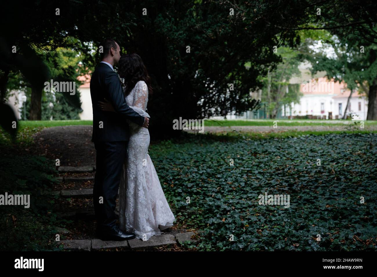 Bride and groom hugging each other in the park Stock Photo - Alamy