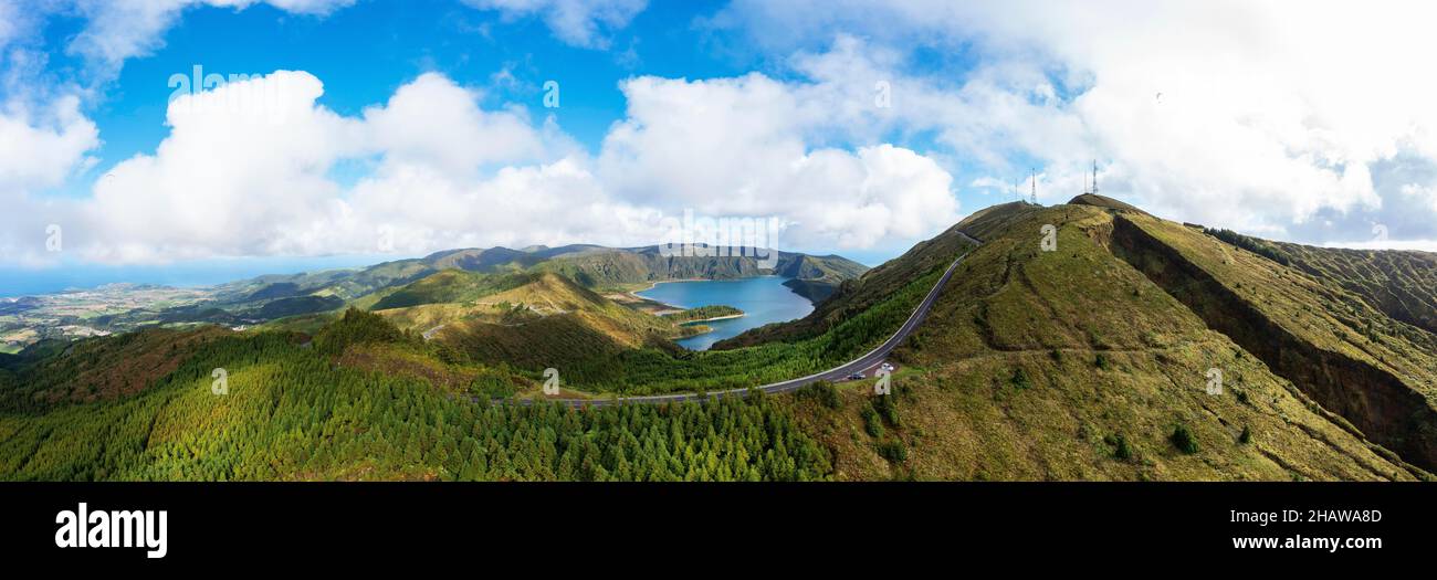 Drone shot, mountain road to the summit of Pico da Barrosa and view to