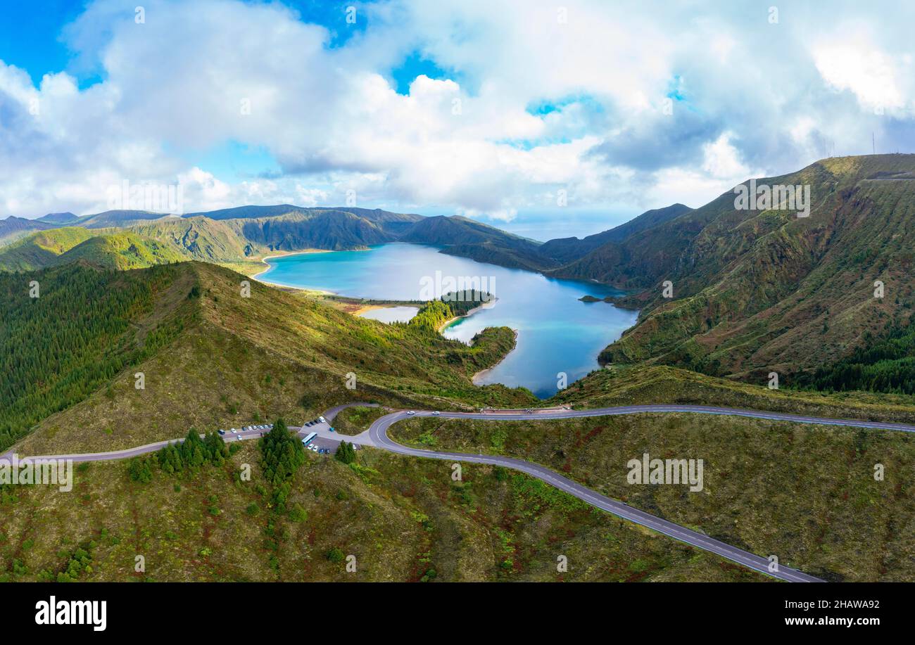 Drone shot, view from the Miradouro do Pico da Barrosa lookout to the