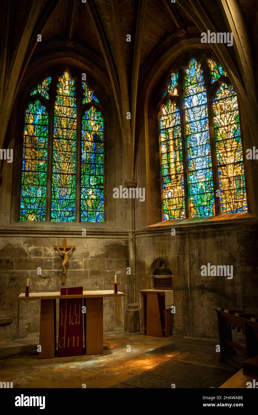 UK, England, Gloucestershire, Tewkesbury, Abbey Church interior, St Katherine’s Aisle, modern windows by Tom Denny in side chapel Stock Photo