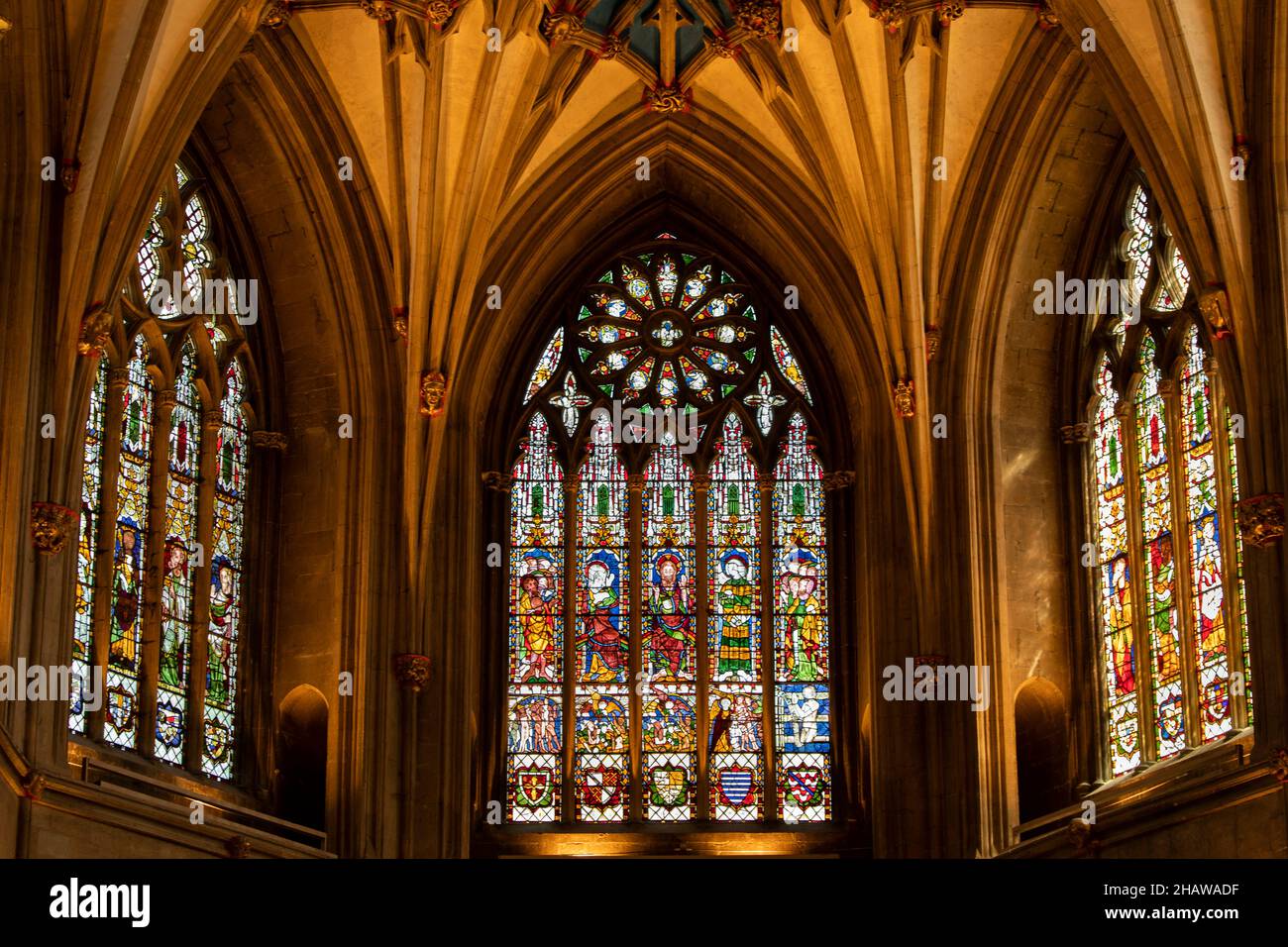 UK, England, Gloucestershire, Tewkesbury, Abbey Church interior, C14th windows above altar Stock Photo