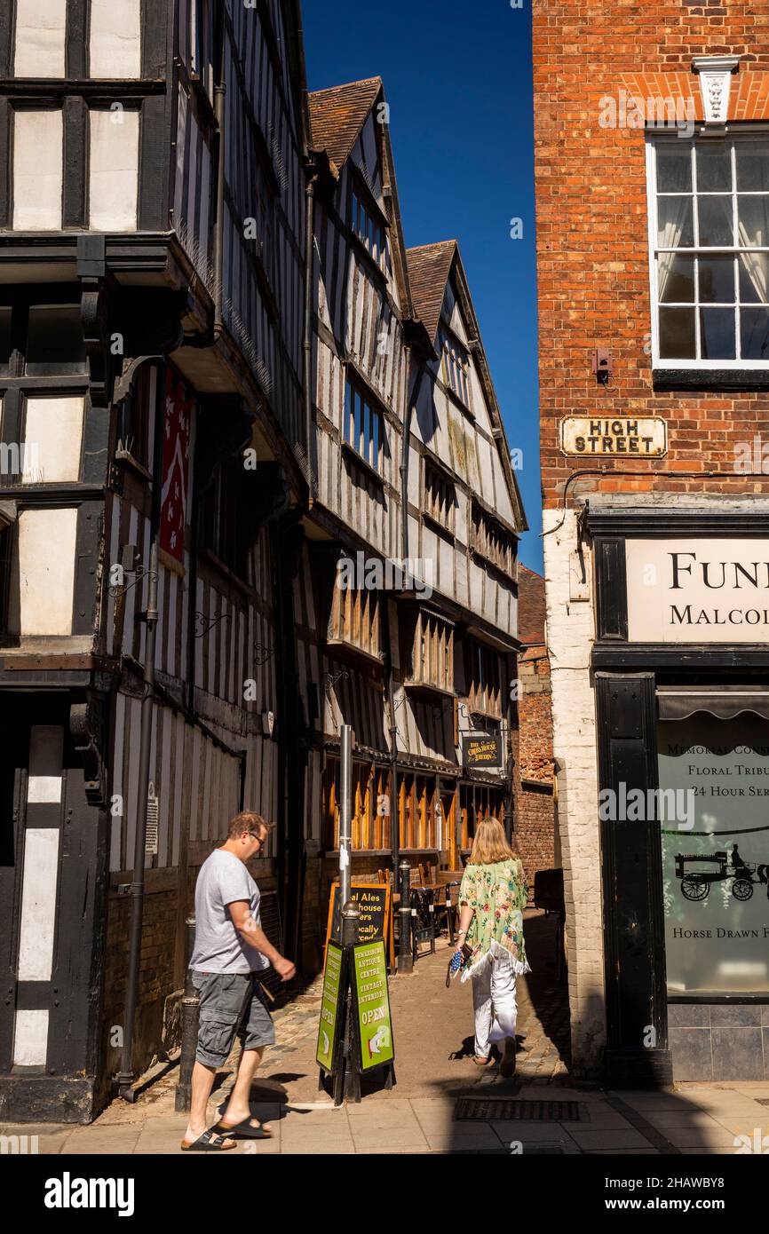 UK, England, Gloucestershire, Tewkesbury, High Street, Tolsey Lane, and jettied timber framed