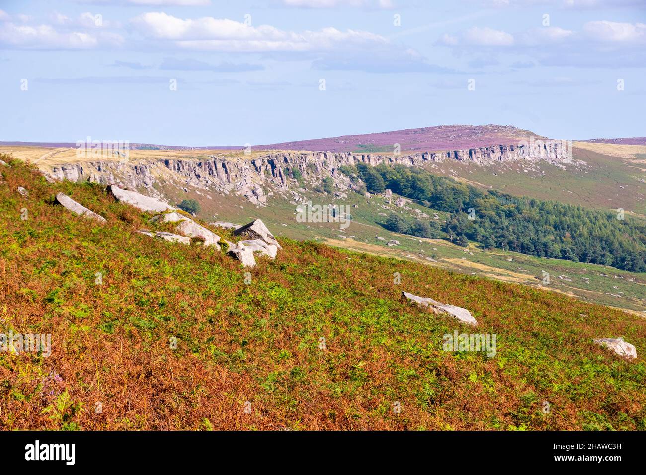 Stanage Edge is a 4 mile long cliff edge or gritstone escarpment breaking up the moorland landscape at Hope Valley, Peak District, UK Stock Photo