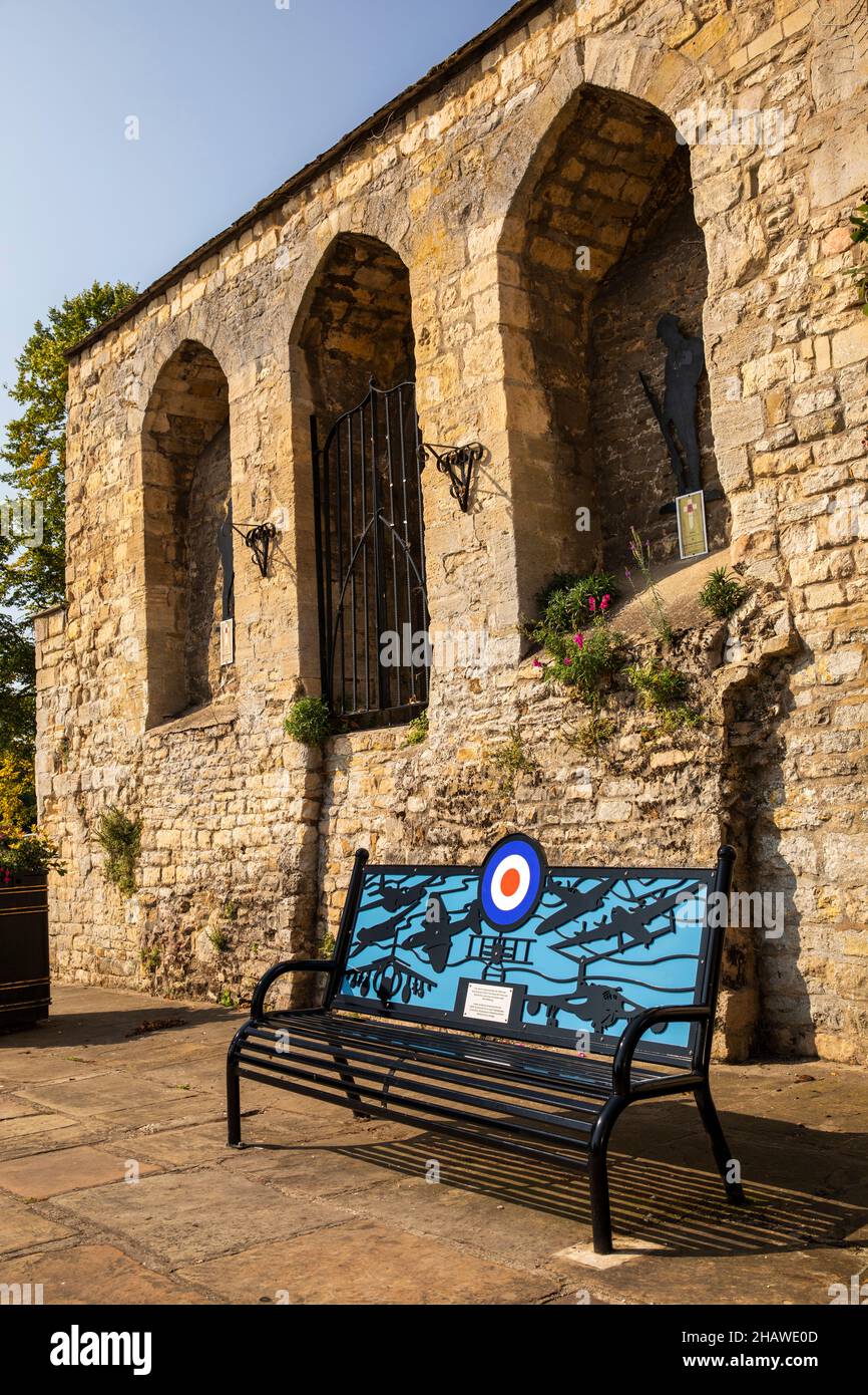 UK, England, Lincolnshire, Stamford, Castle Dyke, RAF Wittering memorial bench below Castle remains Stock Photo