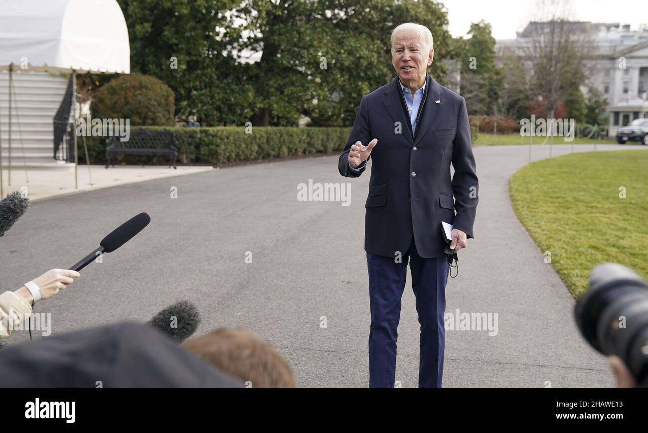 Washington, United States. 15th Dec, 2021. President Joe Biden speaks to media as he walks toward Marine One en route to Joint Base Andrews where he will depart to Fort Campbell, Kentucky and then on to Mayfield and Dawson Springs, Kentucky to survey storm damage following extreme weather events at the White House in Washington, DC on Wednesday, December 15, 2021. A series of storms hit states across the Midwest and the South leaving entire communities in Kentucky destroyed. Photo by Leigh Vogel/UPI . . Credit: UPI/Alamy Live News Stock Photo