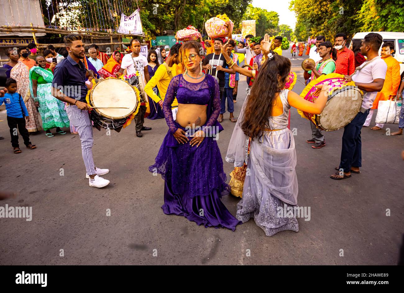 Chaat Pjaja.Celebration,dance on Strand Road,Babu ghat,River Ganga,by Bihar people,Kolkata,India. Stock Photo