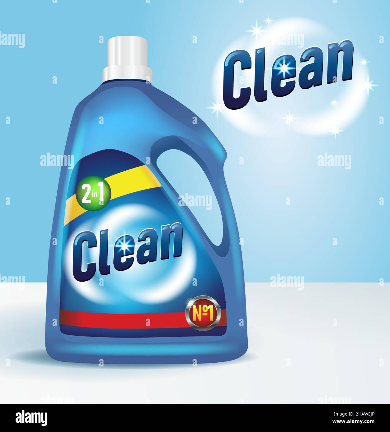 Bottle of detergent with label 3D mockup. Cleaning product realistic design. Washing supply advertisement, vector illustration Stock Vector