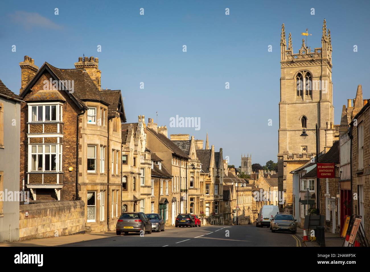 UK, England, Lincolnshire Stamford, High Street, St Martins, church, tower Stock Photo