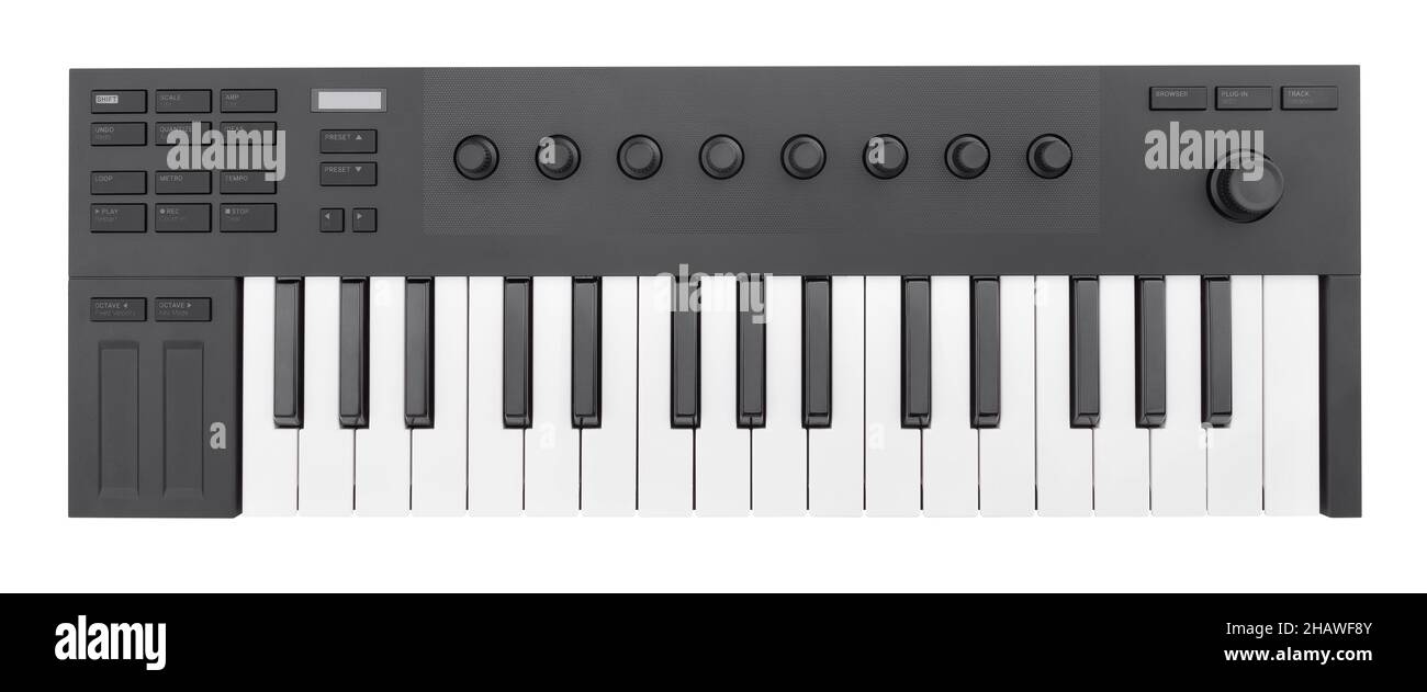 midi keyboard controller path isolated on white top view Stock Photo