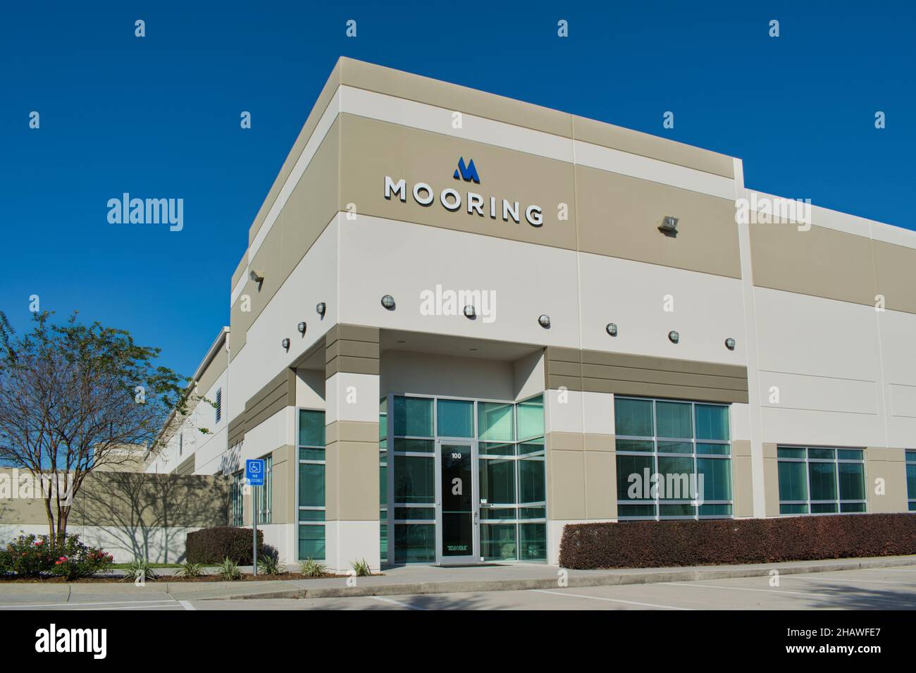 Houston, Texas USA 12-12-2021: Mooring office building exterior in Houston, TX. USA construction and damage restoration service business. Stock Photo