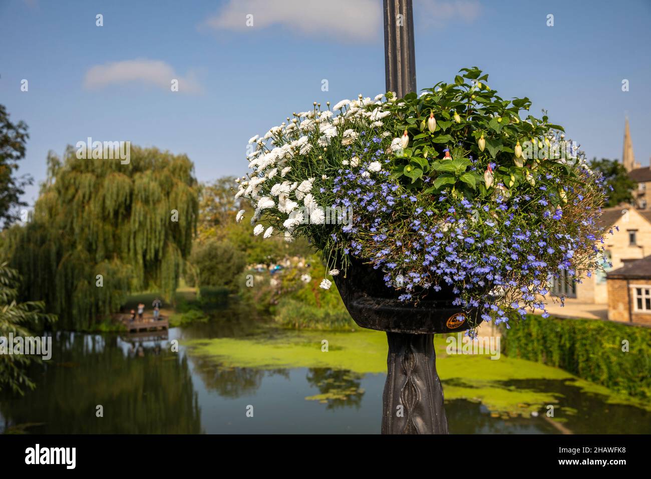 UK, England, Lincolnshire Stamford, floral planter on bridge over River Welland at Town Meadow Stock Photo
