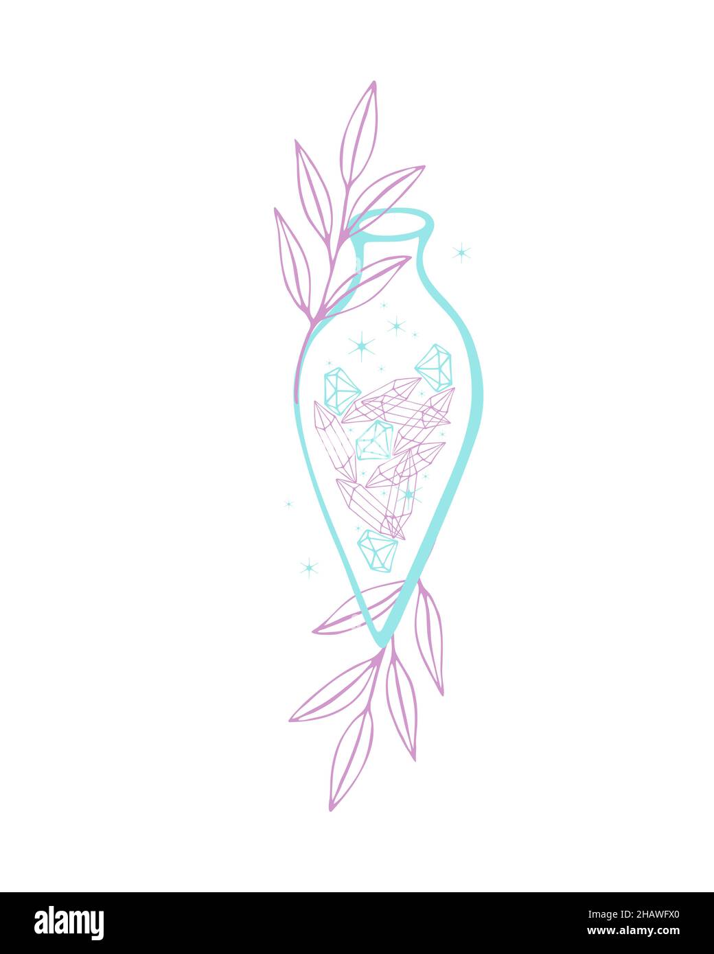 Potion crystals magic bottle witchcraft magic, doodle boho style. Isolated, white background. Vector illustration Stock Vector