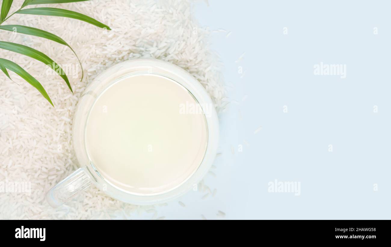 Rice milk. Vegan eco friendly food composition with glass cup of plant rice milk with rice seeds