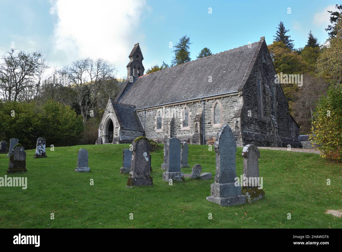Balquhidder Parish Church and disputed burial ground of the outlaw Rob Roy MacGregor of Scotland, UK. Christian church in Lochearnhead. Stock Photo
