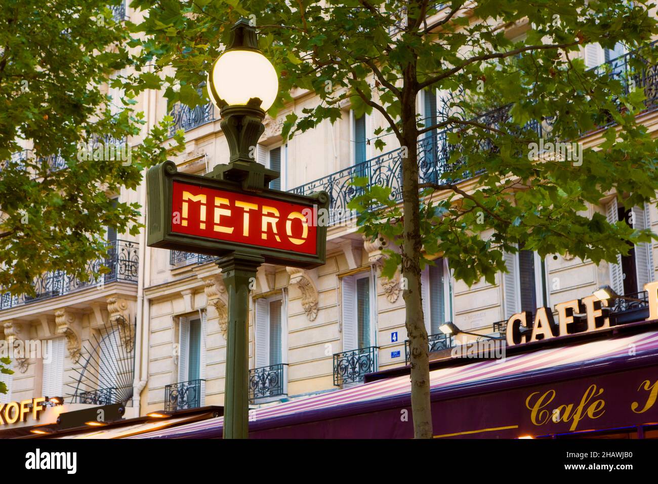 Metro Sign outside a Cafe, Paris, France Stock Photo