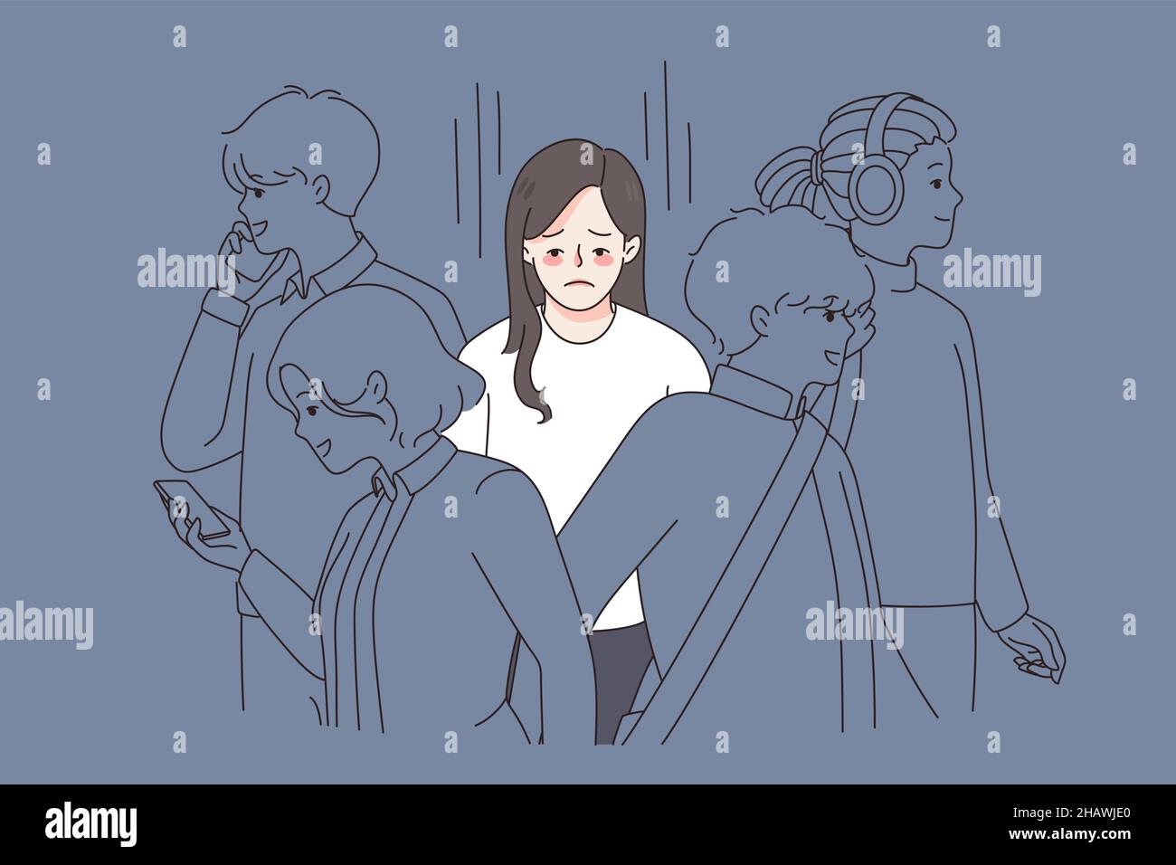 Unhappy young woman in crowd feel lonely abandoned in society. Upset sad girl suffer from loneliness and solitude. Depression and apathy concept. Emotional burnout. Flat vector illustration.  Stock Vector