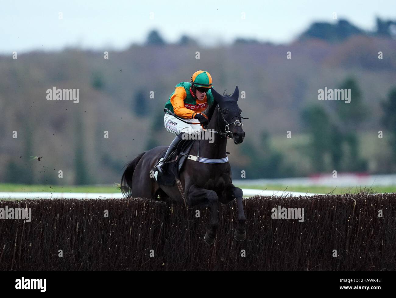 Lorcan Murtagh riding Doukarov on their way to winning the Rachael Blackmore For World Sport Star Conditional Jockeys' Handicap Chase at Newbury racecourse. Picture date: Wednesday December 15, 2021. Stock Photo