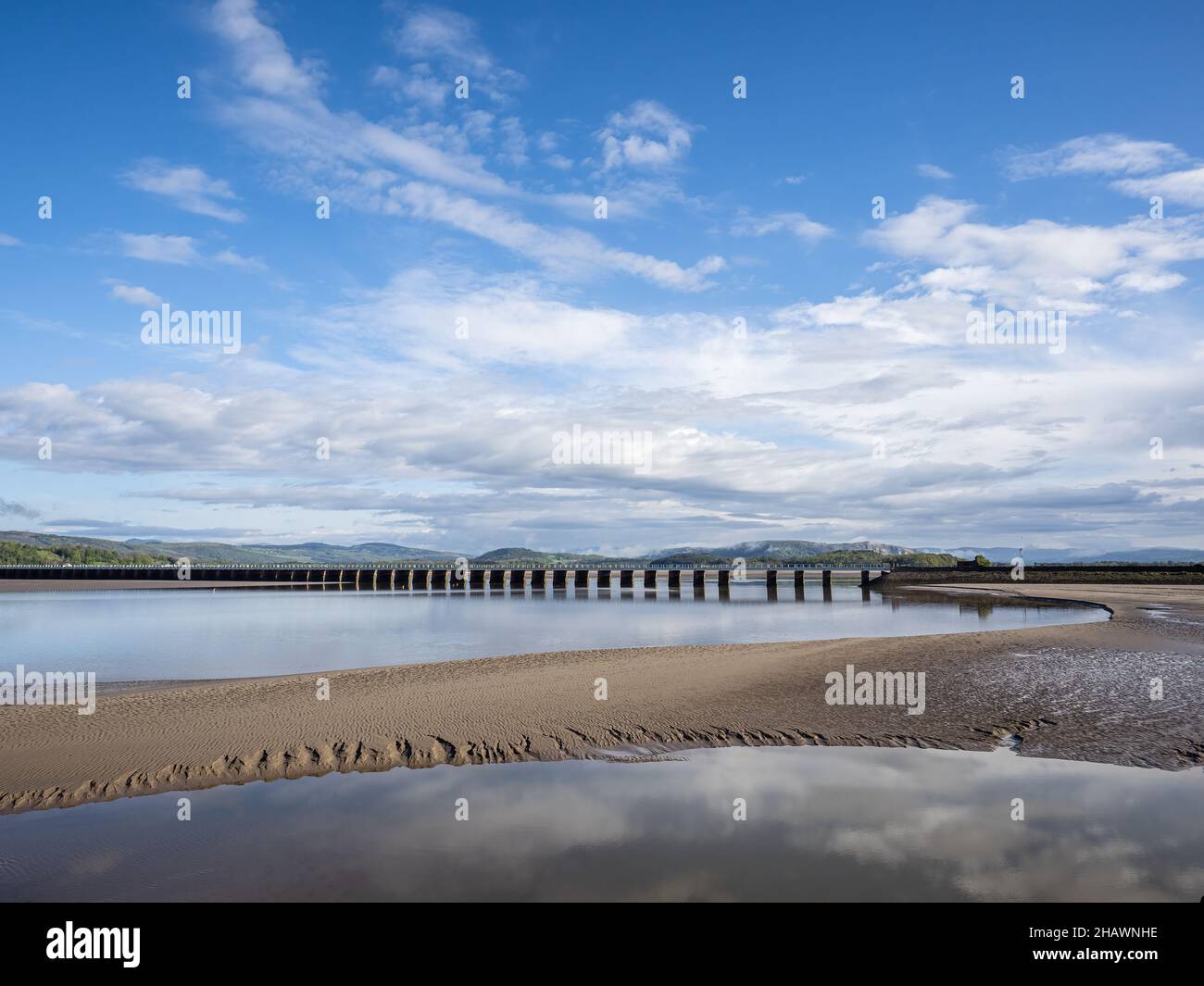 View of the Arnside Viaduct spanning Morecambe Bay, seen from Arnside, a town in Cumbria, England. Stock Photo