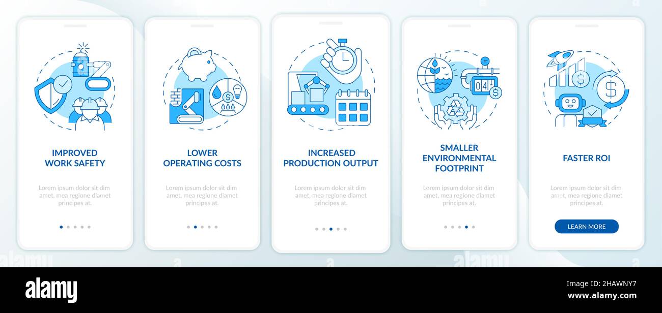 Benefits of automation blue onboarding mobile app screen Stock Vector ...