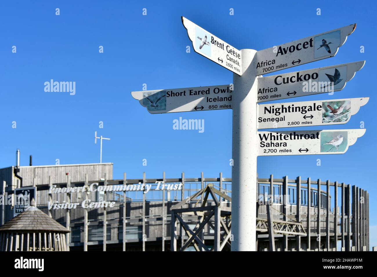 Educational sign post pointing in all directions at bird migration routes & front of Essex Wildlife Trust Thameside Nature Reserve & Discovery Park UK Stock Photo