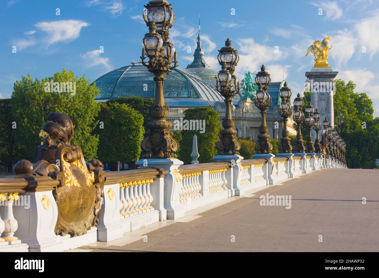 Ornate street lamps on the Alexandre III bridge, Paris, France Stock Photo