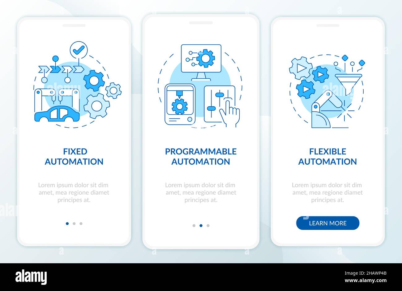Automation types blue onboarding mobile app screen Stock Vector