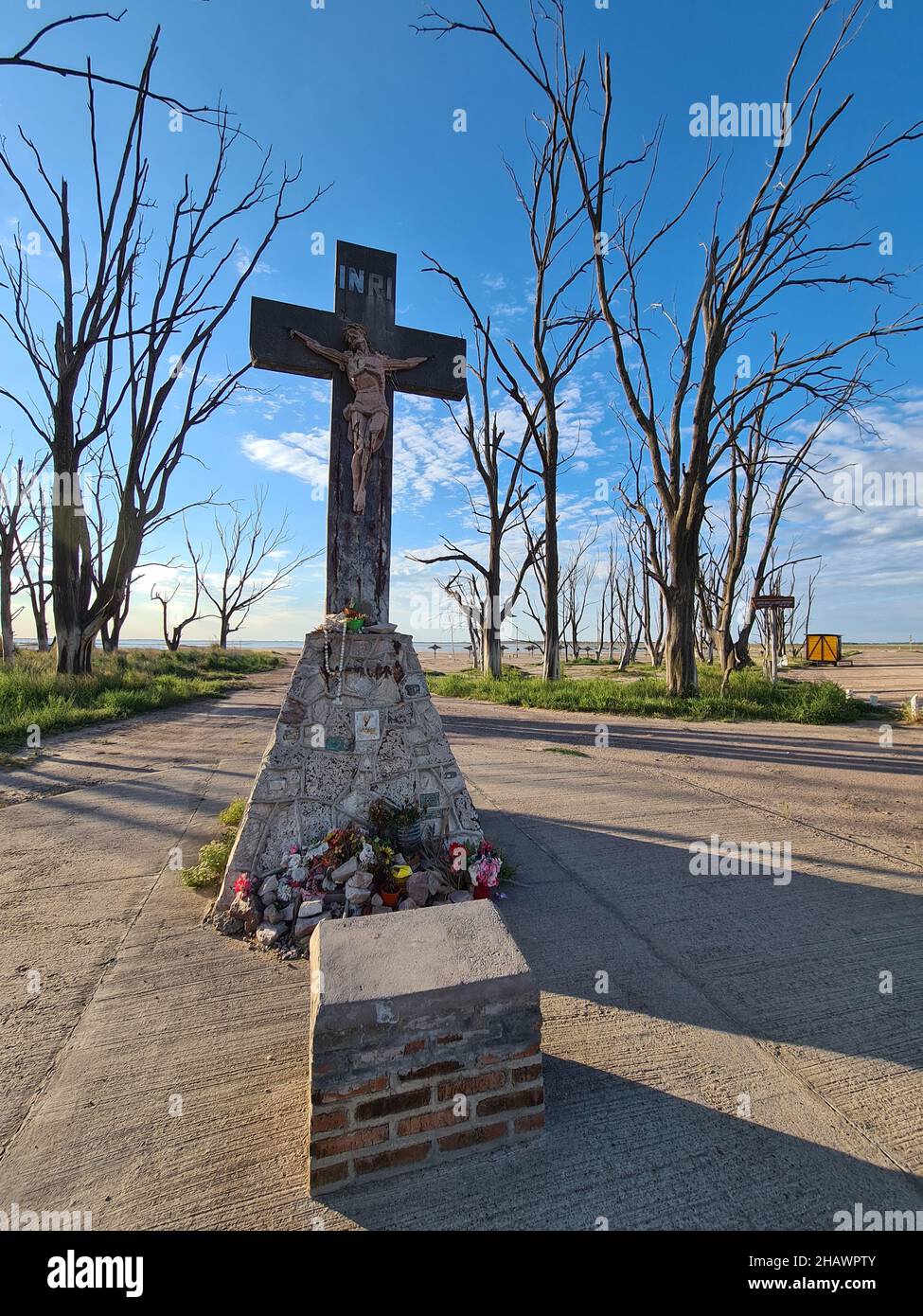 Flipped vertical shot of Carhue cemetery in Argentina near Epecuen in memory of the Epecuen flood Stock Photo