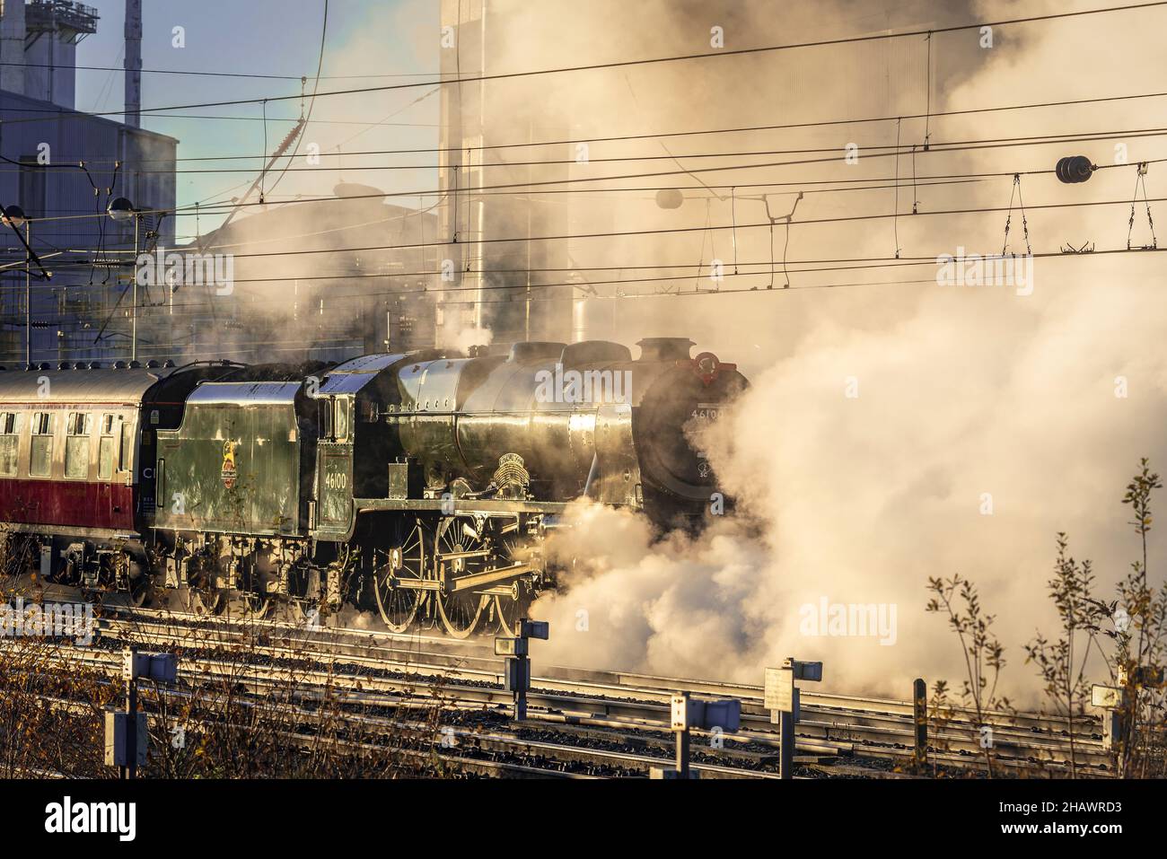 The Royal Scot heritage steam engine hauling the Christmas White Rose railtour from llandudno Junction to York seen leaving Bank Quay station in Warri Stock Photo