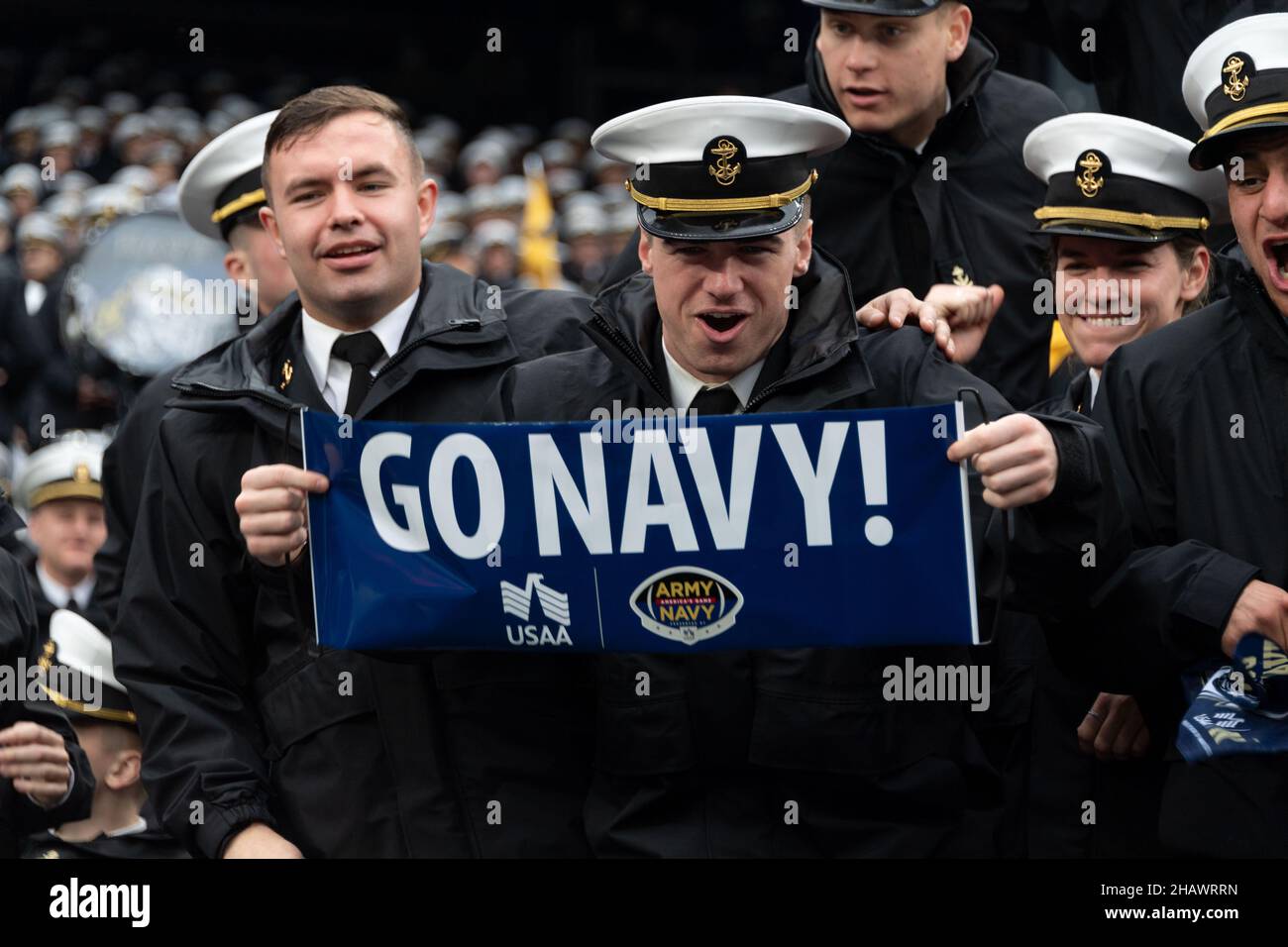 East Rutherford, United States of America. 11 December, 2021. The U.S. Naval Academy midshipman cheering during the annual Army-Navy football game at Metlife Stadium December 11, 2021 in East Rutherford, New Jersey. The U.S. Naval Academy Midshipmen defeated the Army Black Knights 17-13 in their 122nd matchup.  Credit: Stacy Godfrey/DOD/Alamy Live News Stock Photo