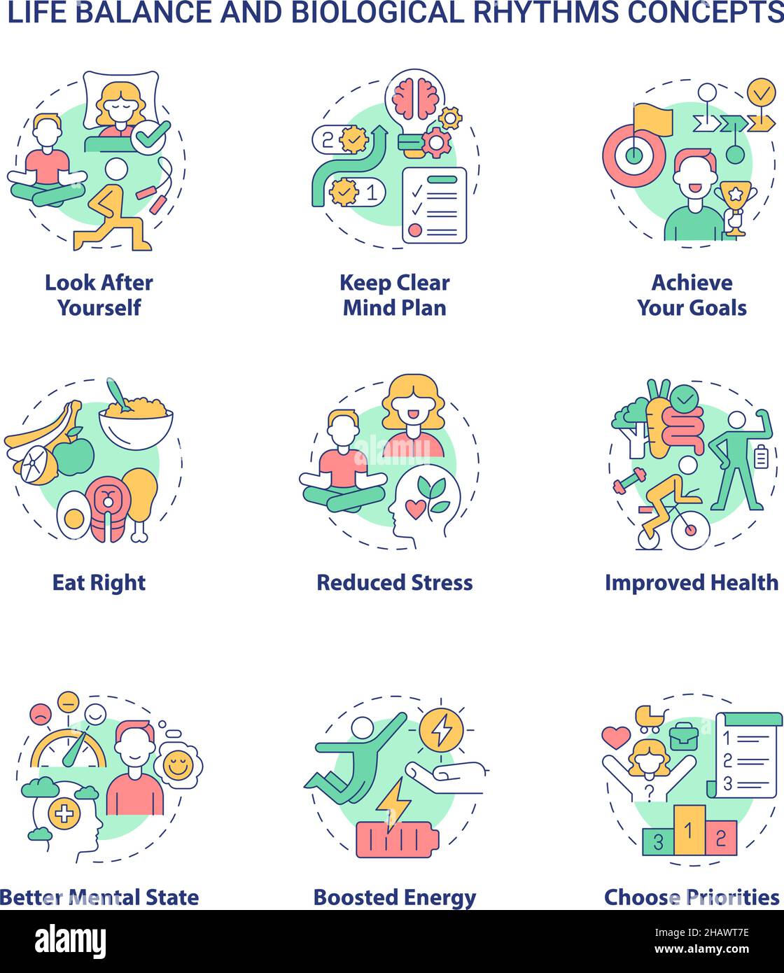 Life balance and biological rhythms concept icons set Stock Vector