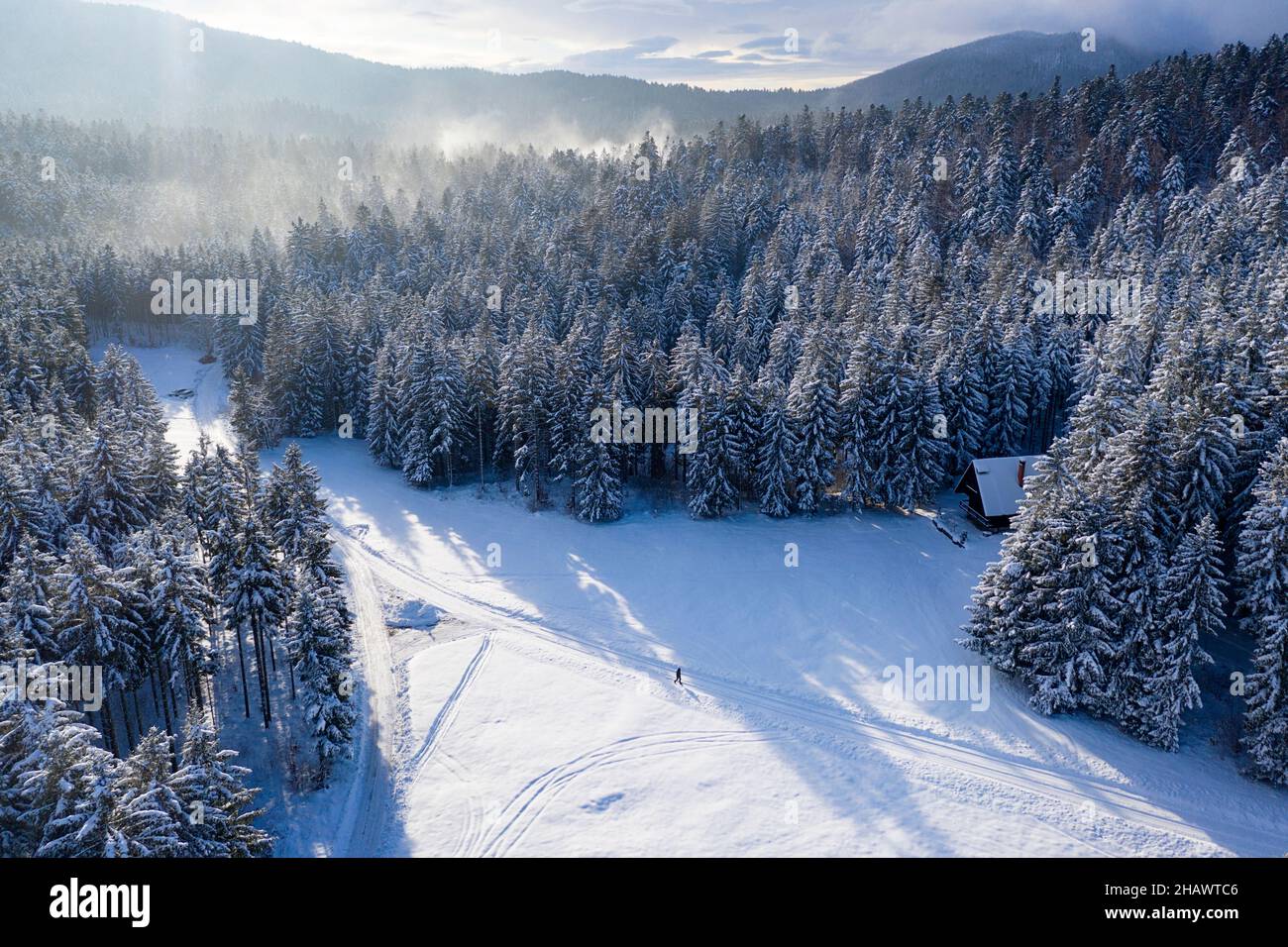 Panoramic view of beautiful winter wonderland scenery with traditional ...