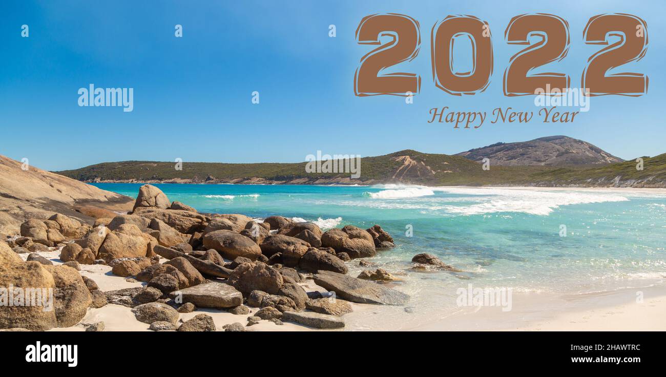 Happy New Year 2022, Hellfire Bay, Cape Le Grand, Western Australia, Esperance, Ocean, Water, Blue Sky, Landscape Stock Photo
