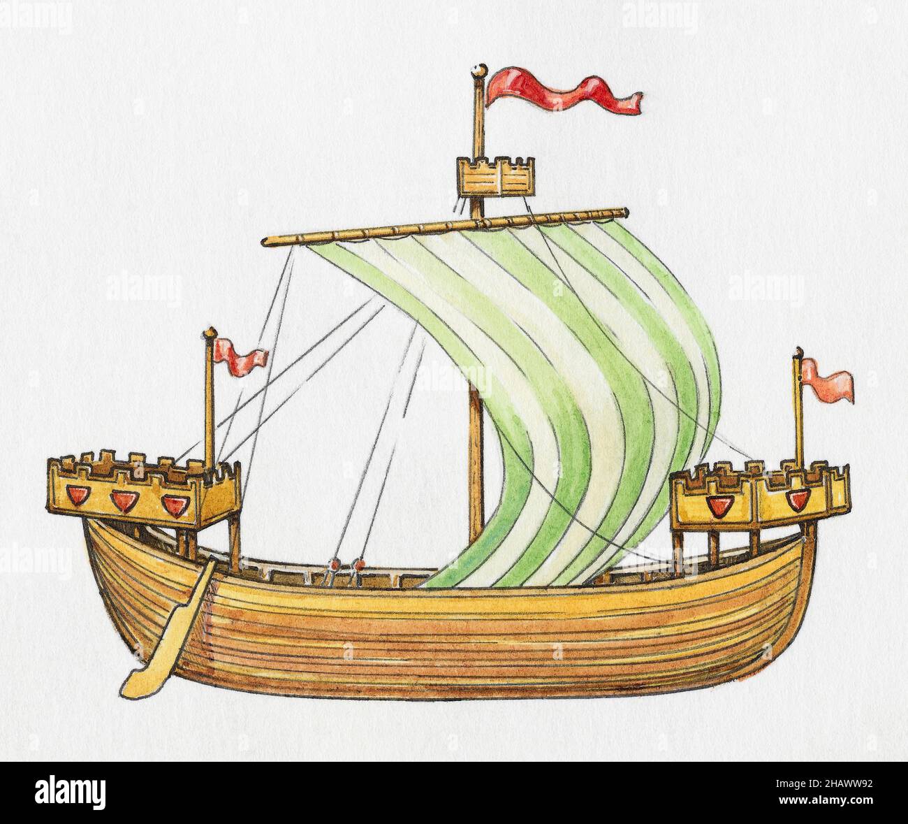 Large Wooden Medieval Cog Ship With Green And White Striped Sail Stock