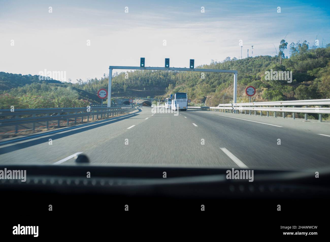 Approaching to the tunnel of La Media Fanega, A-66. View from the inside of the car Stock Photo