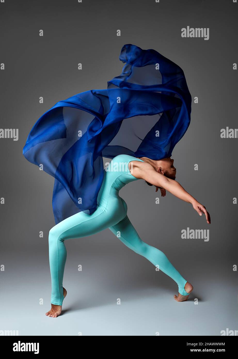 Ballerina Dancing with Silk Fabric, Modern Ballet Dancer in Fluttering