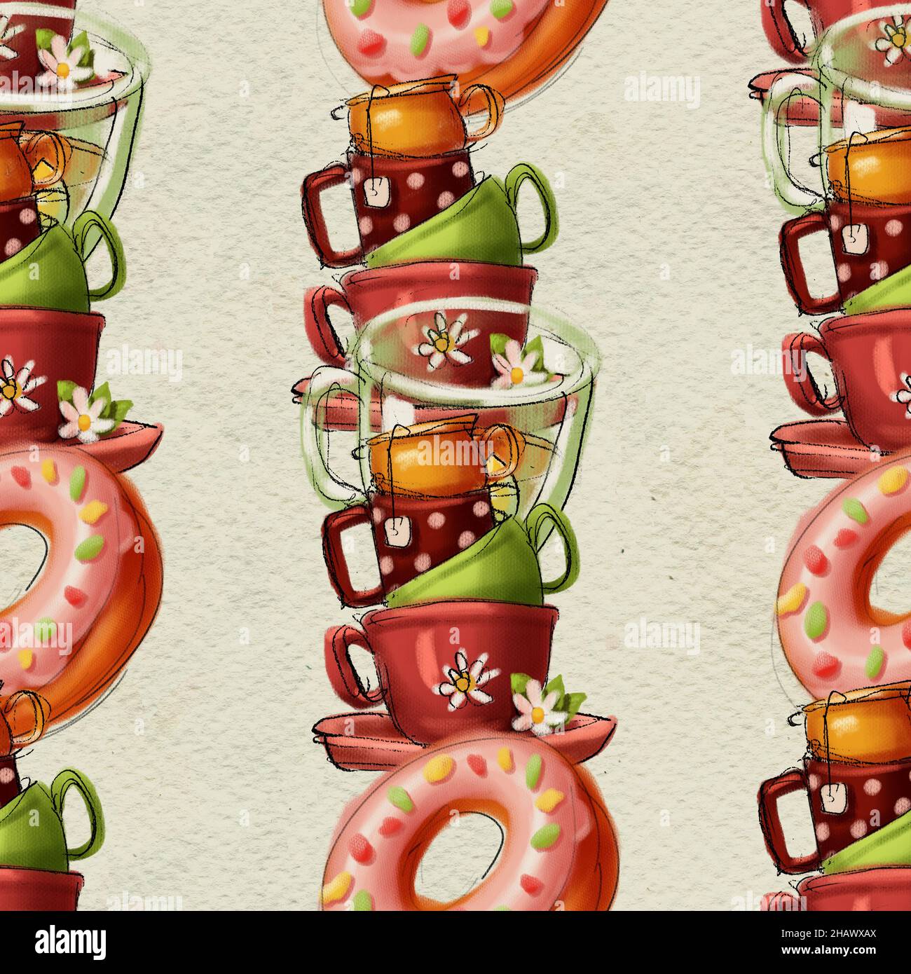 Seamless hand drawn pattern. Tea drinking illustration Stock Photo - Alamy