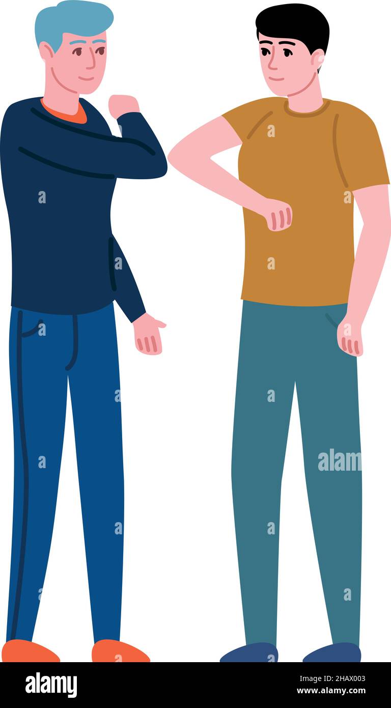 Men greeting with elbow bumps. Guys touching elbows Stock Vector