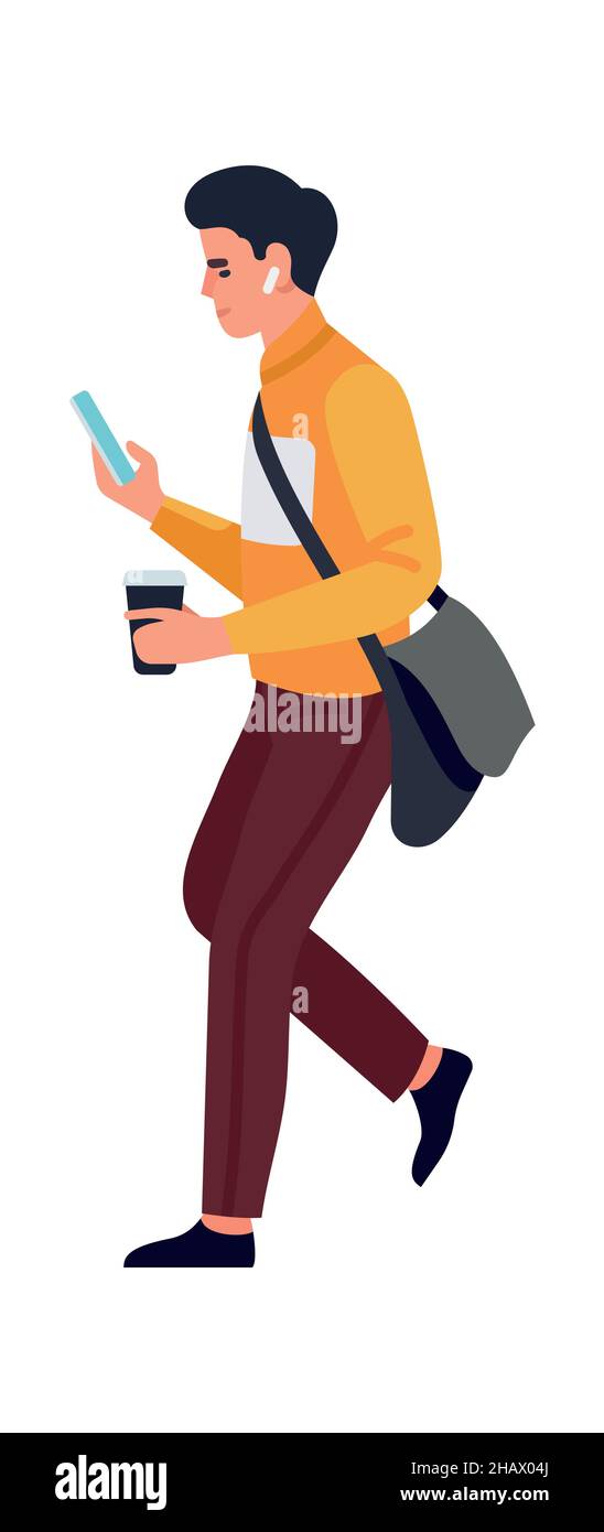 Walking man using smarthone. Guy talikng on phone Stock Vector